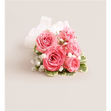 Pink Spray Rose Corsage-White Bow